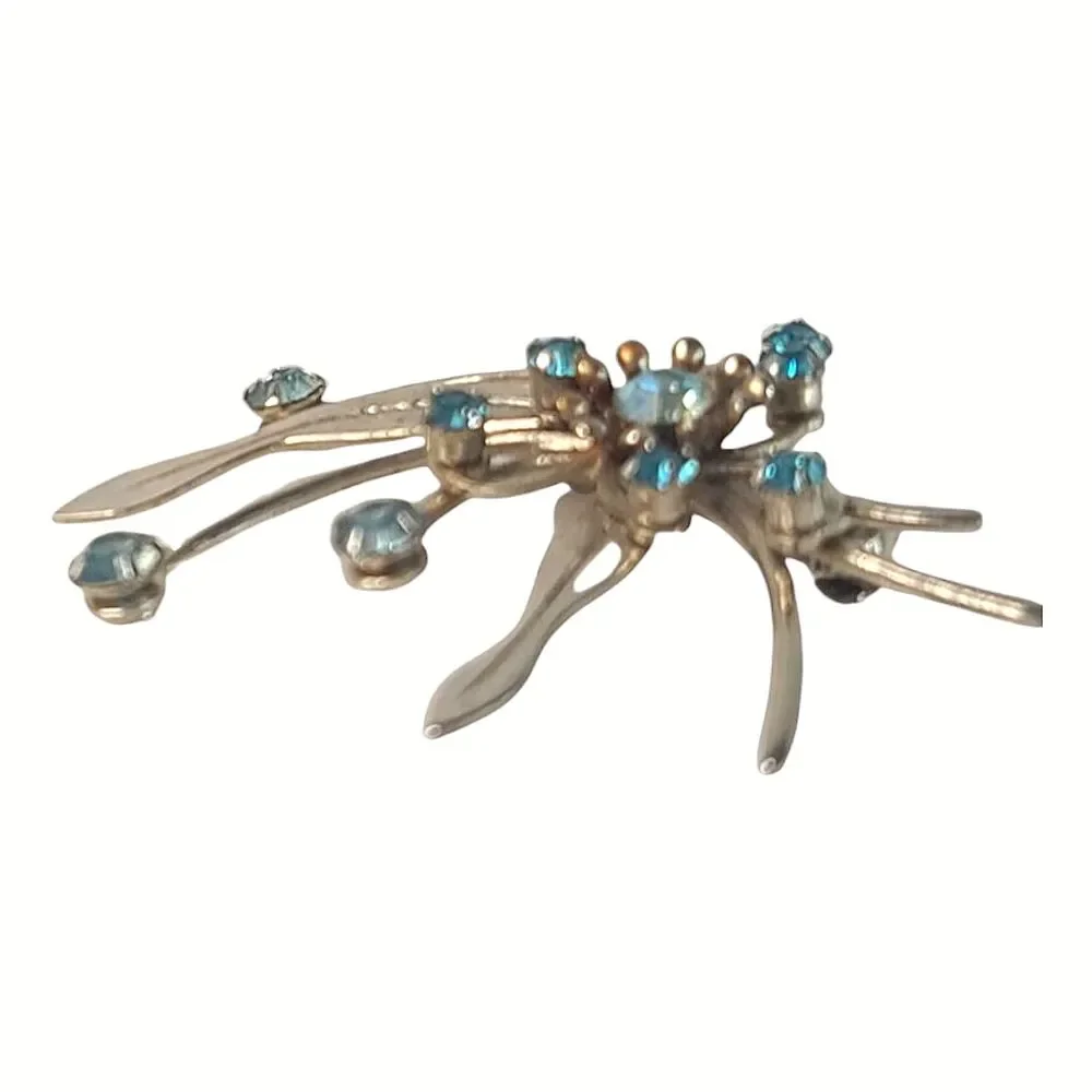 Vintage Asymmetrical AB Rhinestone Metal Flower Brooch Pin Sunburst Art Deco MCM